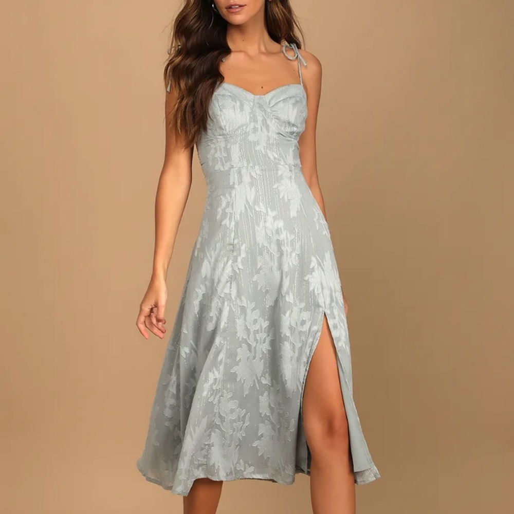 NEW Lulus Loveliest Looks Dusty Blue Floral Jacquard Tie-Strap Midi Dress